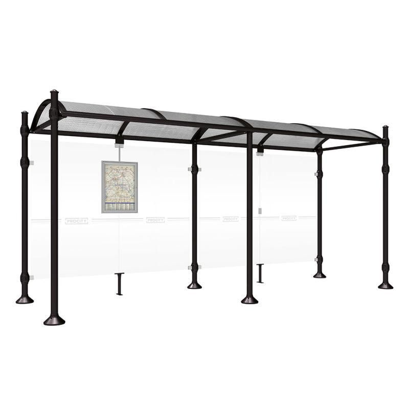 Buswartehalle, Unterstand, 2.500 x 2.500 x 1.600 mm (HxBxT), Kopfmodell Agora, ESG, Fahrplanschaukasten, Farbe enzianblau