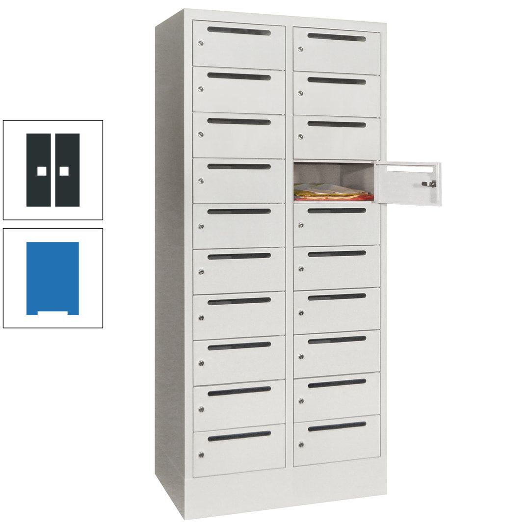Postverteilerschrank, Schließfachschrank, 2 Abteile a 400 mm, 20 Fächer, 1.850 x 800 x 500 mm (HxBxT), Korpus anthrazitgrau, Front anthrazitgrau