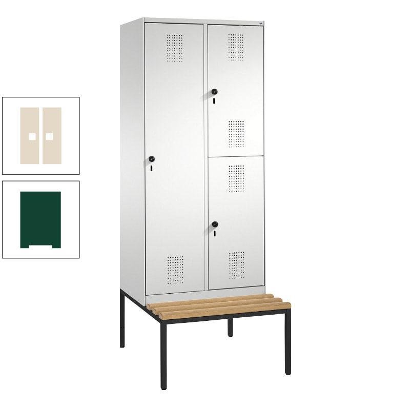 Garderobenschrank, Spind ein- und doppelstöckig Sitzbank, 2 Abteile, 3 Fächer, 2.090 x 800 x 500 mm (HxBxT), Front anthrazitgrau, Korpus anthrazitgrau