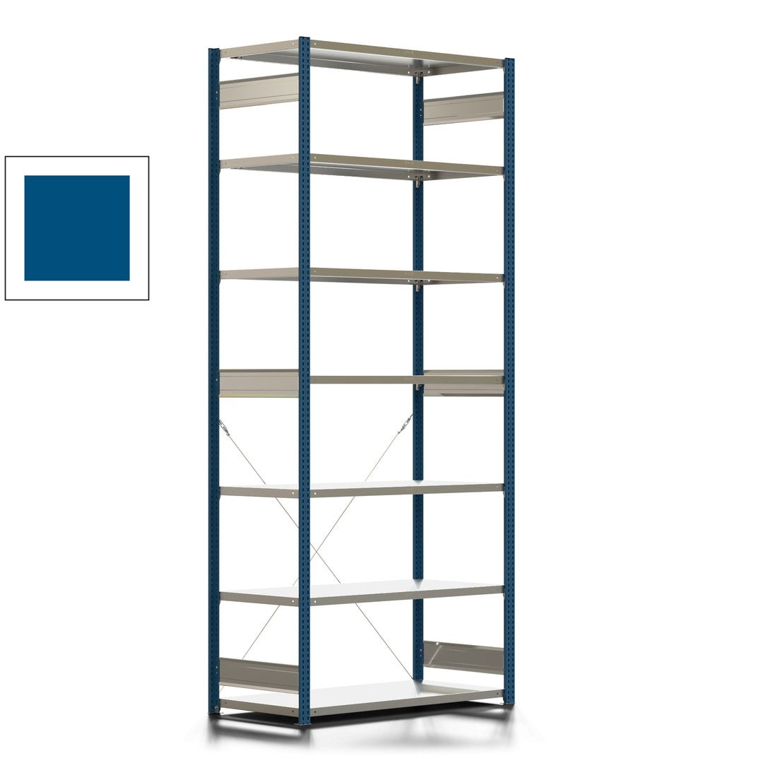 Fachbodenregal mit Tiefenriegel - 350 kg - 3.000 x 1.285 x 626 mm (HxBxT) - Anbauregal - 7 Böden - enzianblau - Lagerregal - Steckregal BERT