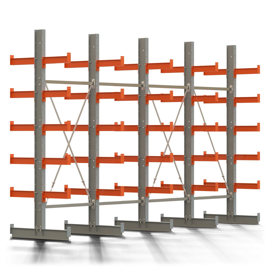 Doppelseitiges Kragarmregal, 2 Felder, 2.500 x 2.000 x 1.120 mm (HxBxT), Nutztiefe 500 mm, Kragarmlast 870 kg, KARL basic, silbergrau/reinorange