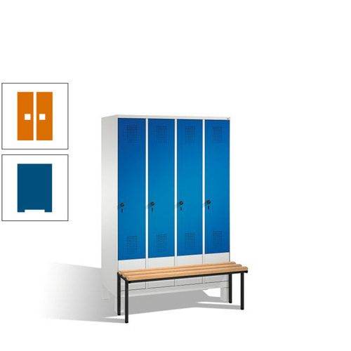 Stahl-Garderobenschrank, Spind, Buche Sitzbank vorgebaut, 4 Abteile a 300 mm, Korpus Lichtgrün, Tür Schwefelgelb, 1.850 x 1.200 x 815 mm (HxBxT)