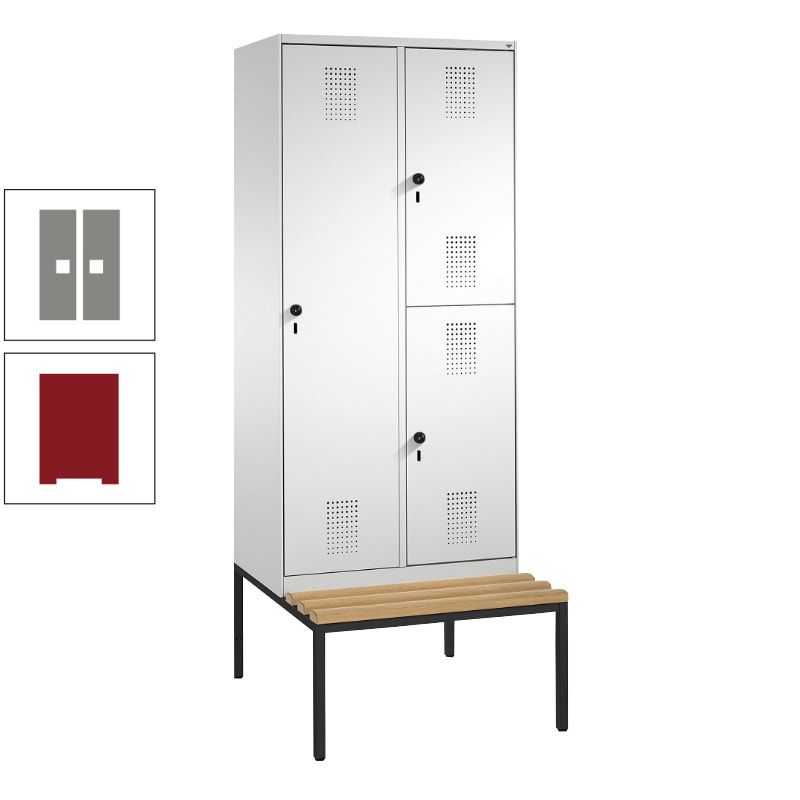 Garderobenschrank, Spind ein- und doppelstöckig Sitzbank, 2 Abteile, 3 Fächer, 2.090 x 800 x 500 mm (HxBxT), Front anthrazitgrau, Korpus anthrazitgrau