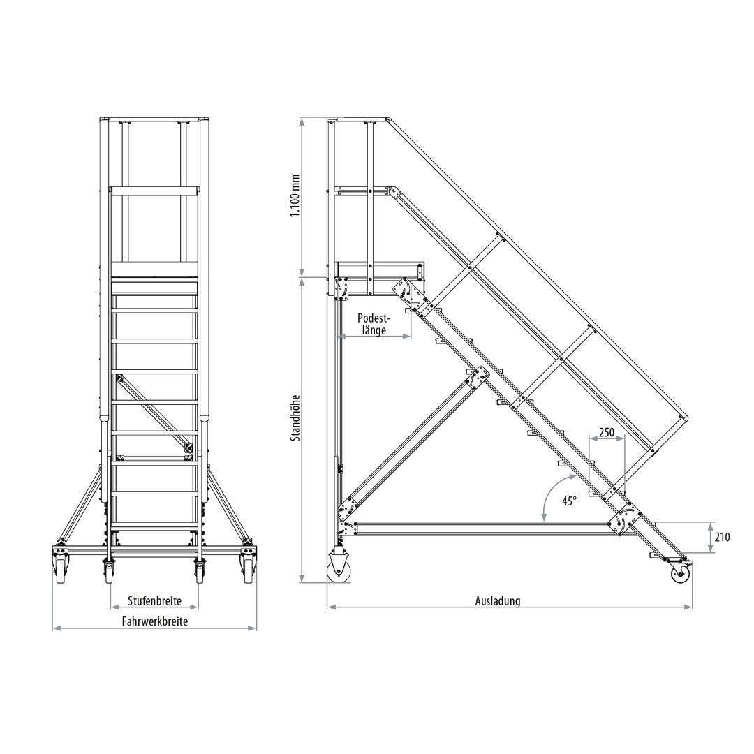 Fahrbare Podestleiter - Podesttreppe - 1.940 x 1.000 x 1.620 mm (HxBxT) - 10 Stufen 600 mm breit - Treppenneigung 45 Grad - Rollpodest - Aluminium