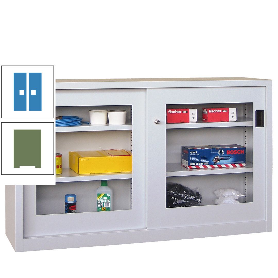 Schiebetürenschrank - Sichtfenstertüren - 1.000x1.500x600 mm (HxBxT) - 4 Böden, verzinkt - Zylinderschloss - anthrazitgrau