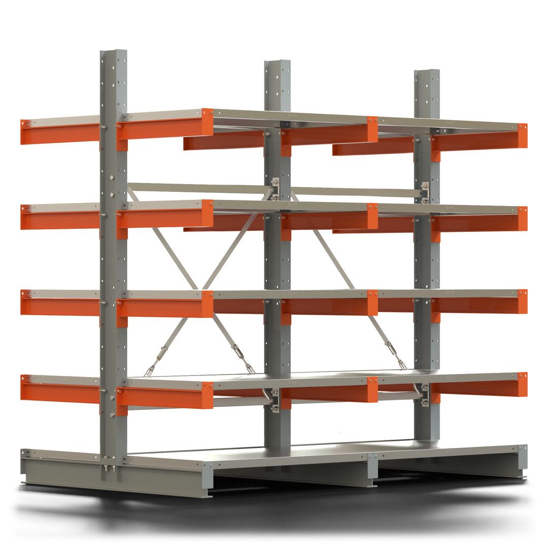 Doppelseitiges Kragarmregal mit Fachböden, 2 Felder, 2.000 x 2.000 (HxB), Nutztiefe 1.000 mm, Kragarmlast 450 kg, KARL basic, silbergrau/reinorange
