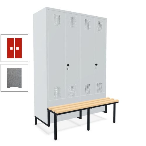 Doppel-Spind, Garderobenschrank, Buche Sitzbank integriert, 4 Abteile 300 mm, Korpus anthrazitgrau, Tür anthrazitgrau, 1.850 x 1.200 x 815 mm (HxBxT)