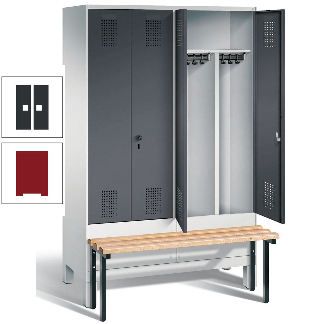 Doppel-Spind, Garderobenschrank, Buche Sitzbank vorgebaut, 4 Abteile a 300 mm, Korpus feuerrot, Tür Wasserblau, 1.850 x 1.200 x 815 mm (HxBxT)