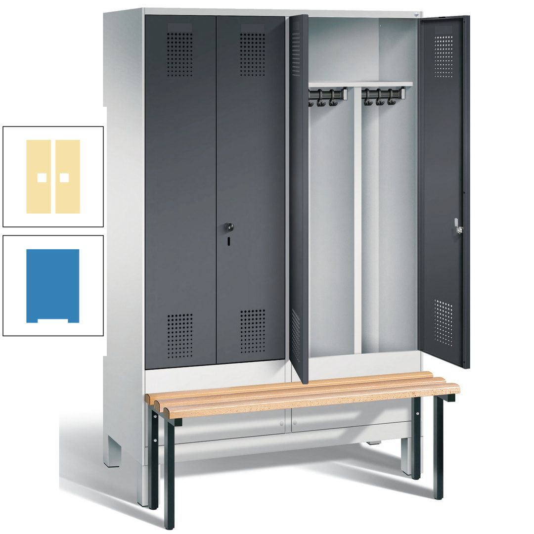 Doppel-Spind, Garderobenschrank, Buche Sitzbank vorgebaut, 4 Abteile a 300 mm, Korpus feuerrot, Tür Wasserblau, 1.850 x 1.200 x 815 mm (HxBxT)