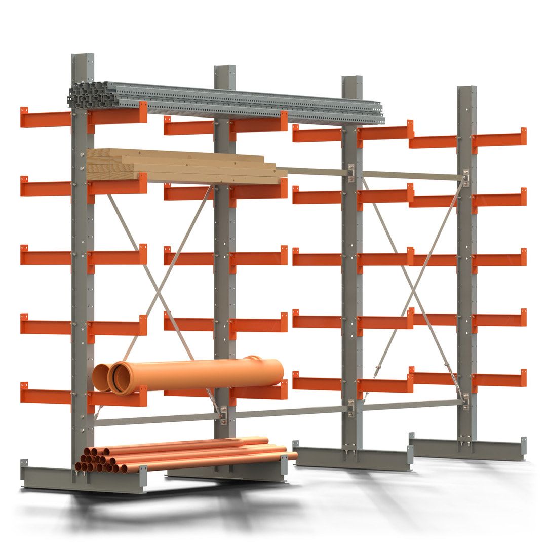Doppelseitiges Kragarmregal, 2 Felder, 2.500 x 2.560 x 1.120 mm (HxBxT), Nutztiefe 500 mm, Kragarmlast 870 kg, KARL basic, silbergrau/reinorange
