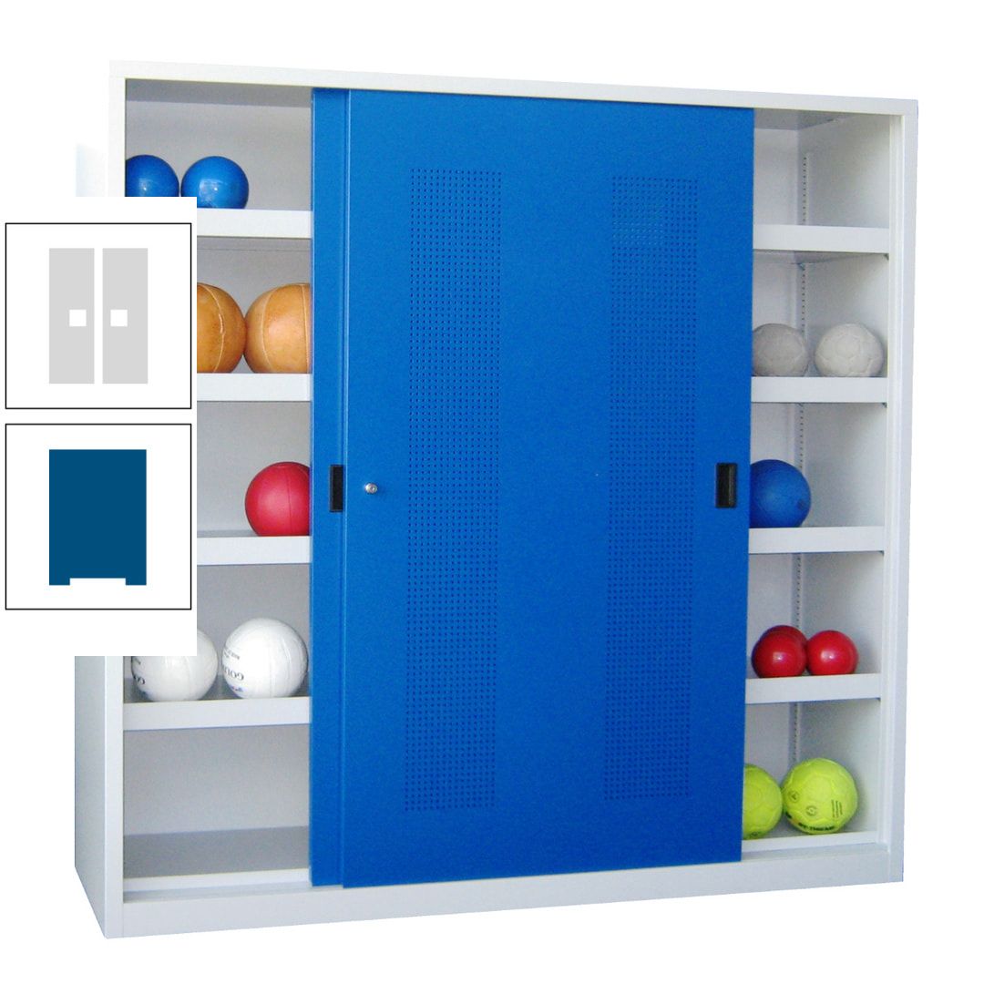 Ballschrank - Schiebetüren mit Lochfeld - Trennwand - 8 Böden - 1.950x2.000x600 mm (HxBxT) - anthrazitgrau