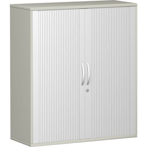Querrollladenschrank, Dekoreinlageboden, Metallsockel/Standfüße, abschließbar, 1.152 x 1.000 x 425 mm (HxBxT), Korpusfarbe Ahorn, Frontfarbe silber