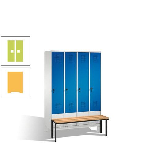 Stahl-Garderobenschrank, Spind, Buche Sitzbank vorgebaut, 4 Abteile a 300 mm, Korpus Lichtgrün, Tür Schwefelgelb, 1.850 x 1.200 x 815 mm (HxBxT)