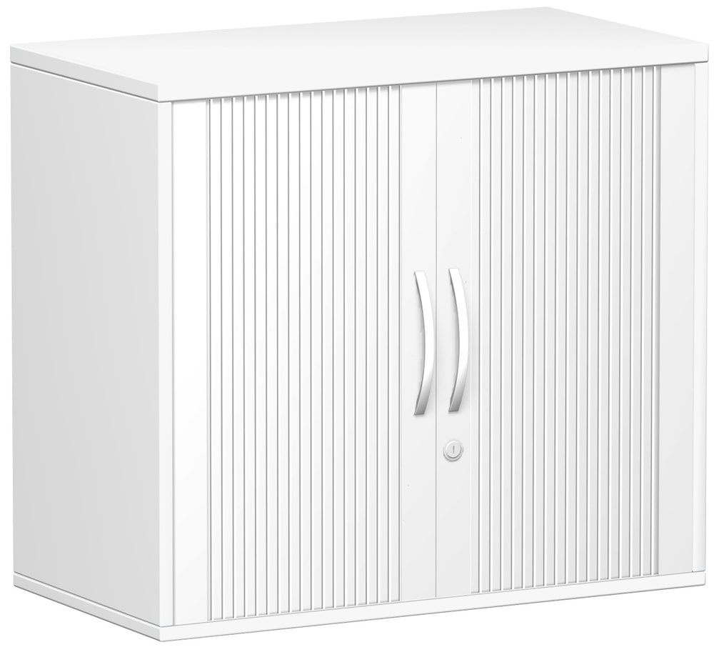 Anstell-Querrollladenschrank, 2 Ordnerhöhen, Schloss, Bogengriff,1 Fachboden, 720 x 1.200 x 425 mm(HxBxT), Rollladen silber, Korpusfarbe Nussbaum