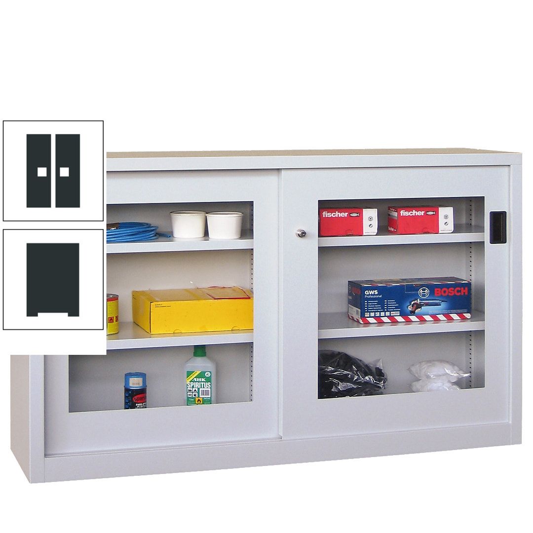 Schiebetürenschrank - Sichtfenstertüren - 1.000x1.500x400 mm (HxBxT) - 4 Böden, gepulvert - Zylinderschloss - anthrazitgrau