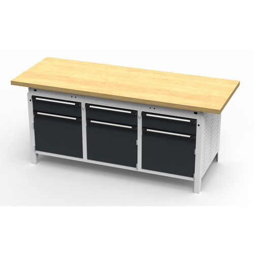 OTTOKIND Werkbank - bündige Arbeitsplatte - 850 x 1.695 x 750 mm (HxBxT) - 3 Schubladen - 3 Schränke - lichtgrau