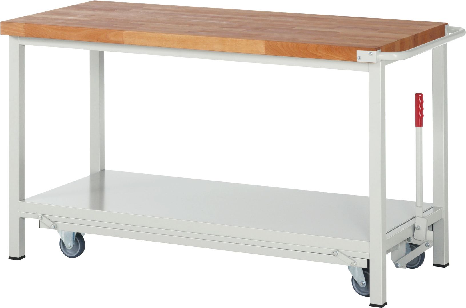 Mobile absenkbare Werkbank - 880 x 1.500 x 700 mm (HxBxT) - Traglast 1.250 kg - Buche - Anthrazitgrau