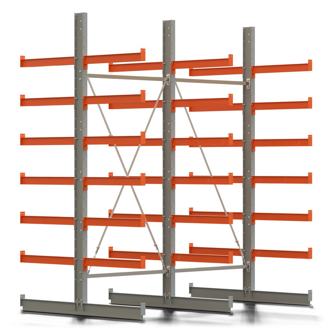 Doppelseitiges Kragarmregal, 2 Felder, 3.000 x 2.560 x 1.120 mm (HxBxT), Nutztiefe 500 mm, Kragarmlast 870 kg, KARL basic, silbergrau/reinorange