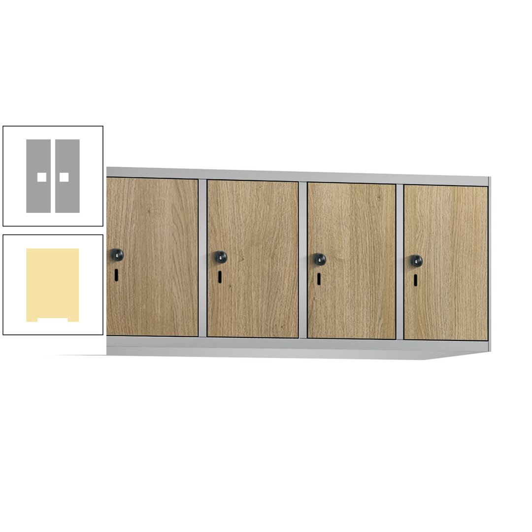 Aufsatzschrank, Schrankaufsatz, 4 Fächer a 300 mm, Farbe Pastellgelb, Tür anthrazitgrau, 500 x 1.200 x 500 mm (HxBxT)