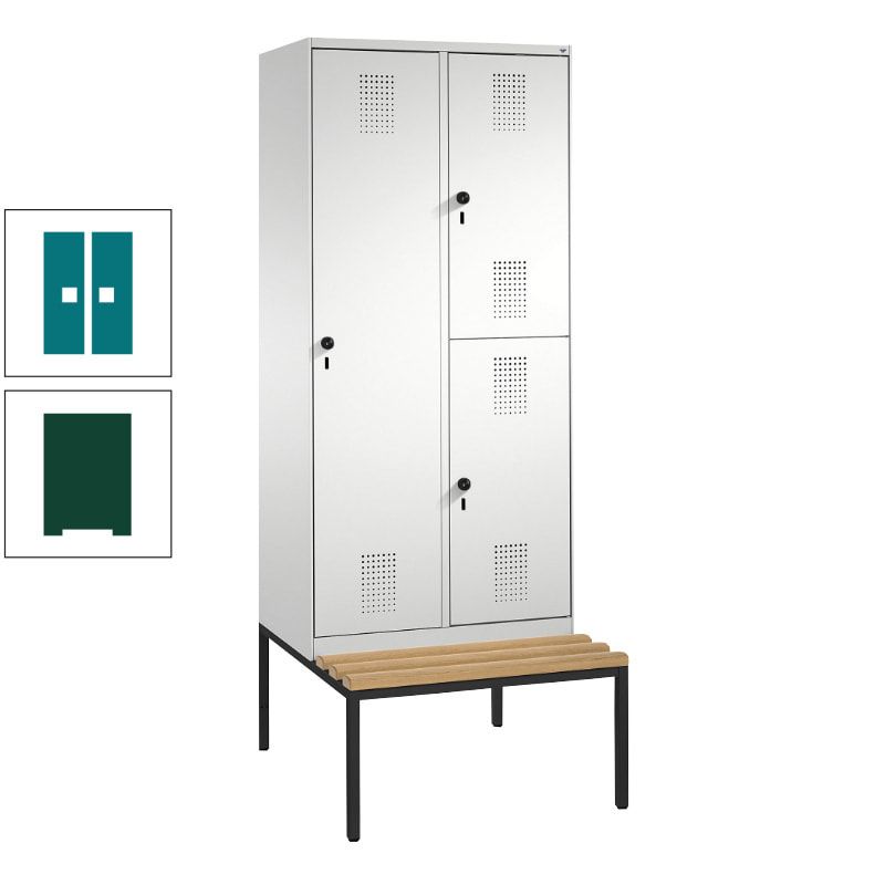 Garderobenschrank, Spind ein- und doppelstöckig Sitzbank, 2 Abteile, 3 Fächer, 2.090 x 800 x 500 mm (HxBxT), Front anthrazitgrau, Korpus anthrazitgrau