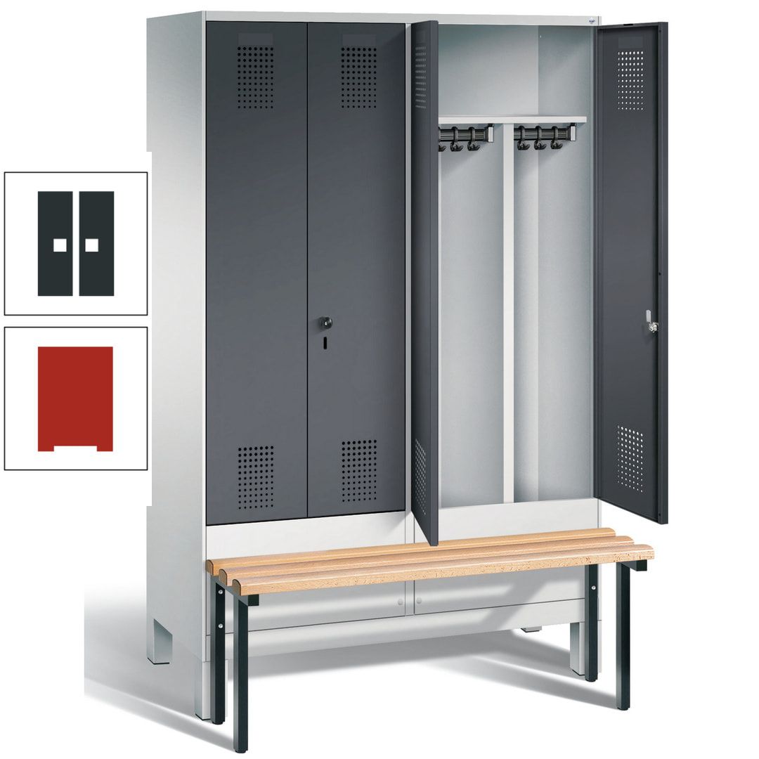 Doppel-Spind, Garderobenschrank, Buche Sitzbank vorgebaut, 4 Abteile a 300 mm, Korpus feuerrot, Tür Wasserblau, 1.850 x 1.200 x 815 mm (HxBxT)