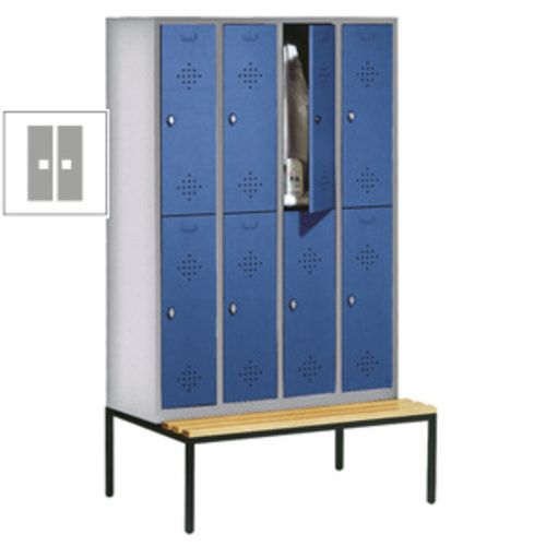 Garderobenschrank, Spind, 4 Abteile 8 Fächer, 2.090 x 1.190 x 815 mm (HxBxT), Hartholz Sitzbank untergebaut, Korpus anthrazitgrau, Türen anthrazitgrau