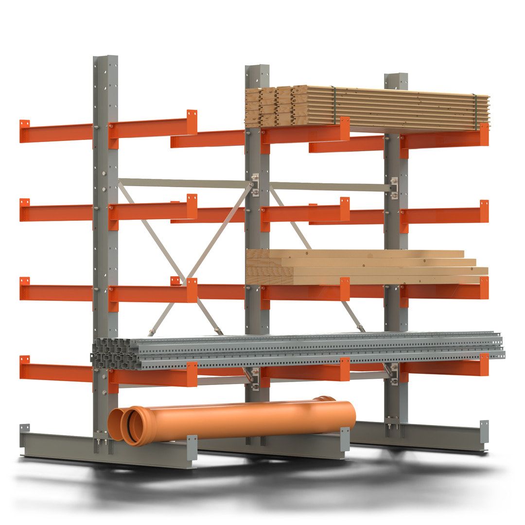 Doppelseitiges Kragarmregal, 2 Felder, 2.000 x 2.000 x 1.120 mm (HxBxT), Nutztiefe 500 mm, Kragarmlast 870 kg, KARL basic, silbergrau/reinorange