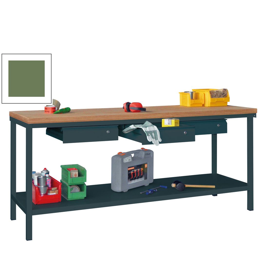 Werkbank mit Ablageboden - 3 Schubladen - 900 x 2.000 x 700 mm (HxBxT) - anthrazitgrau