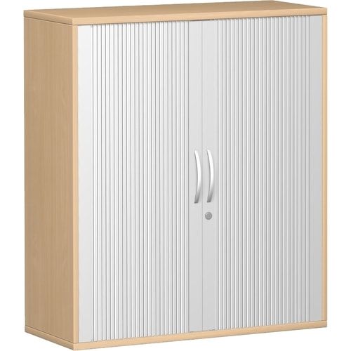 Querrollladenschrank, Dekoreinlageboden, Metallsockel/Standfüße, abschließbar, 1.152 x 1.000 x 425 mm (HxBxT), Korpusfarbe Ahorn, Frontfarbe silber