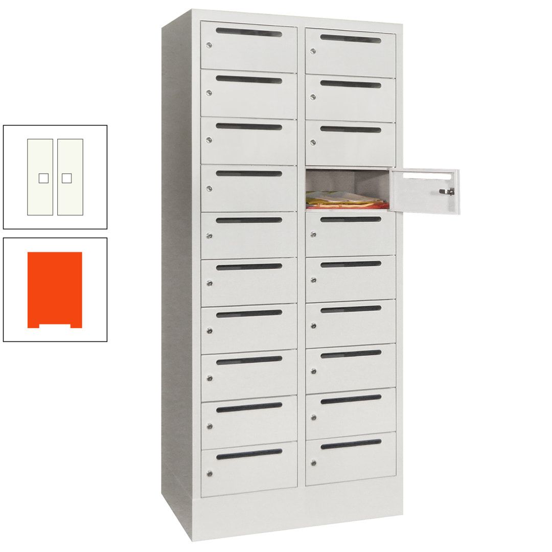 Postverteilerschrank, Schließfachschrank, 2 Abteile a 400 mm, 20 Fächer, 1.850 x 800 x 500 mm (HxBxT), Korpus anthrazitgrau, Front anthrazitgrau