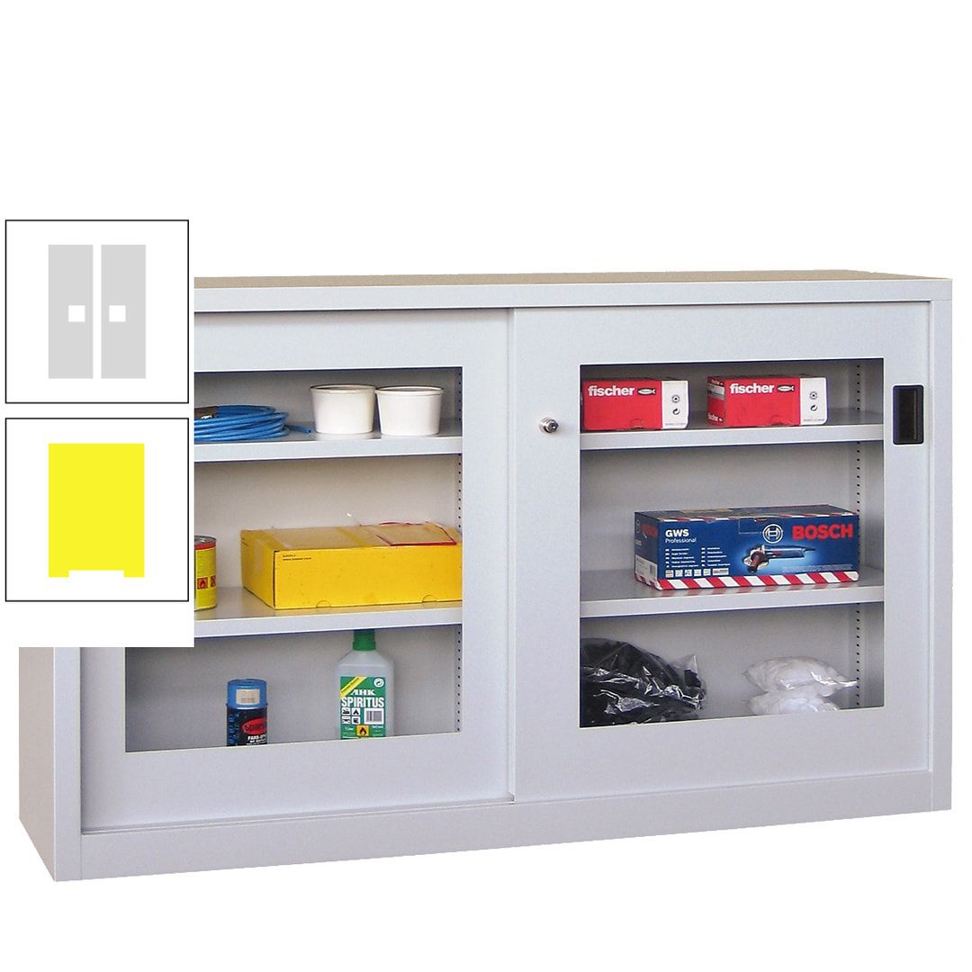 Schiebetürenschrank - Sichtfenstertüren - 1.000x1.500x600 mm (HxBxT) - 4 Böden, verzinkt - Zylinderschloss - anthrazitgrau