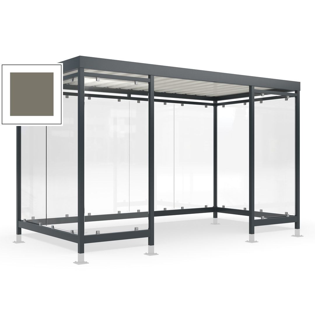 Raucherunterstand für 12-13 Personen, Bushaltestelle, mit Überpflasterung, 2.440 x 4.195 x 2.165 mm (HxBxT), 10 Wände, Achatgrau