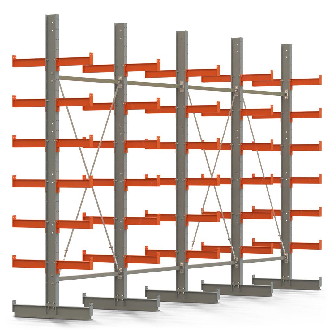 Doppelseitiges Kragarmregal, 2 Felder, 3.000 x 2.560 x 1.120 mm (HxBxT), Nutztiefe 500 mm, Kragarmlast 870 kg, KARL basic, silbergrau/reinorange