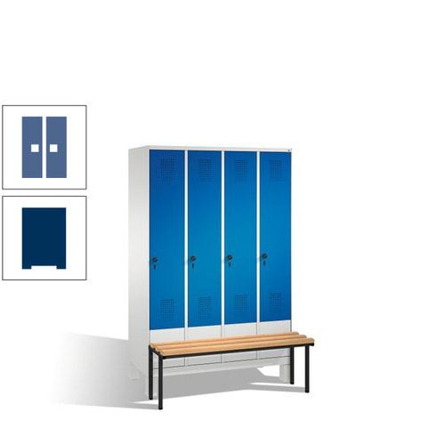 Stahl-Garderobenschrank, Spind, Buche Sitzbank vorgebaut, 4 Abteile a 300 mm, Korpus Lichtgrün, Tür Schwefelgelb, 1.850 x 1.200 x 815 mm (HxBxT)