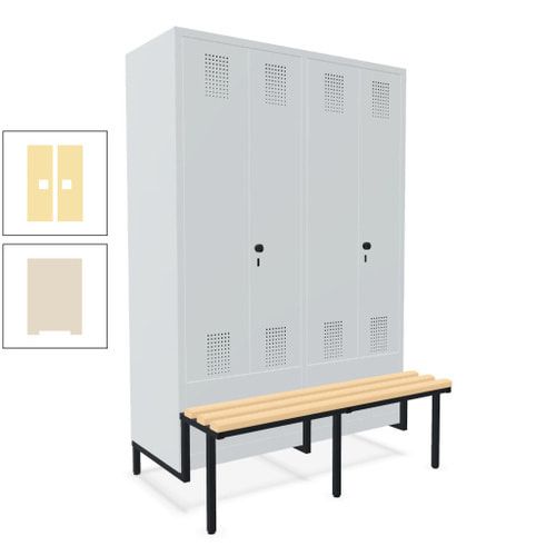 Doppel-Spind, Garderobenschrank, Buche Sitzbank integriert, 4 Abteile 300 mm, Korpus anthrazitgrau, Tür anthrazitgrau, 1.850 x 1.200 x 815 mm (HxBxT)