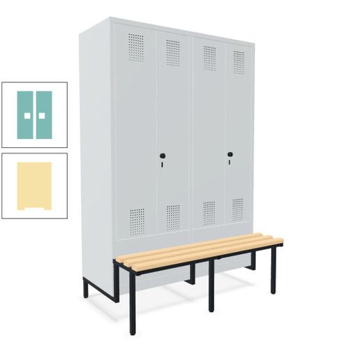 Doppel-Spind, Garderobenschrank, Buche Sitzbank integriert, 4 Abteile 300 mm, Korpus anthrazitgrau, Tür anthrazitgrau, 1.850 x 1.200 x 815 mm (HxBxT)
