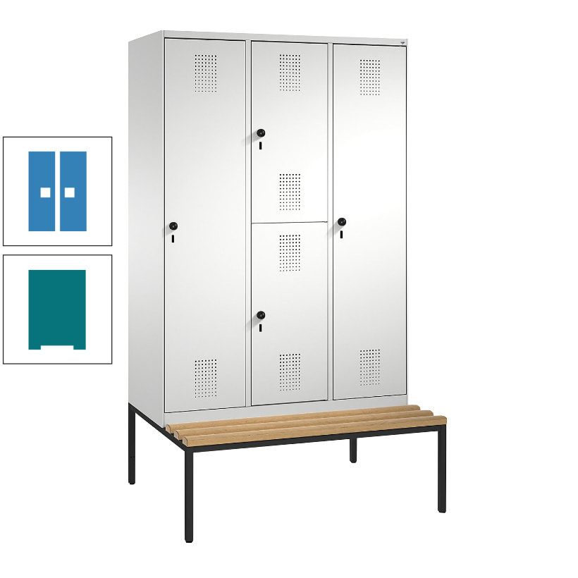 Garderobenschrank, Spind ein- und doppelstöckig Sitzbank, 3 Abteile, 4 Fächer, 2.090x1.200x500 mm (HxBxT), Front anthrazitgrau, Korpus anthrazitgrau