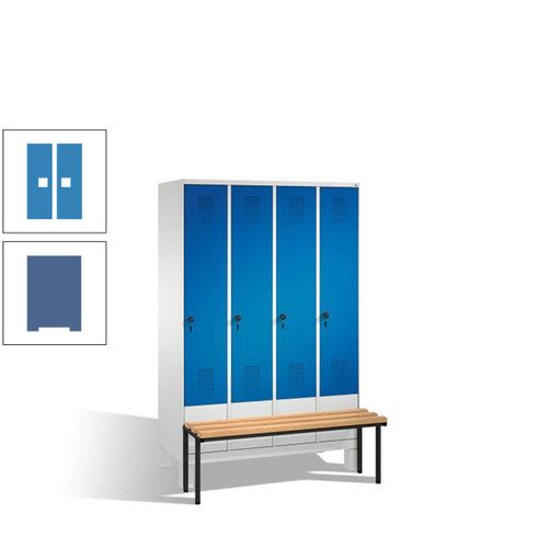 Stahl-Garderobenschrank, Spind, Buche Sitzbank vorgebaut, 4 Abteile a 300 mm, Korpus Lichtgrün, Tür Schwefelgelb, 1.850 x 1.200 x 815 mm (HxBxT)