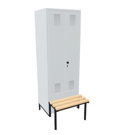 Doppel-Spind, Garderobenschrank, Buche Sitzbank integriert, 2 Abteile a 300 mm, Korpus anthrazitgrau, Tür wählbar, 1.850 x 600 x 815 mm (HxBxT)