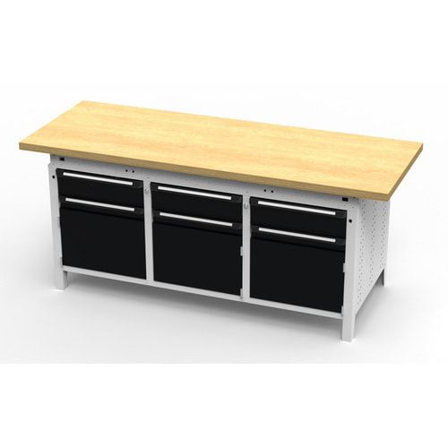 OTTOKIND Werkbank - bündige Arbeitsplatte - 850 x 1.695 x 750 mm (HxBxT) - 3 Schubladen - 3 Schränke - lichtgrau