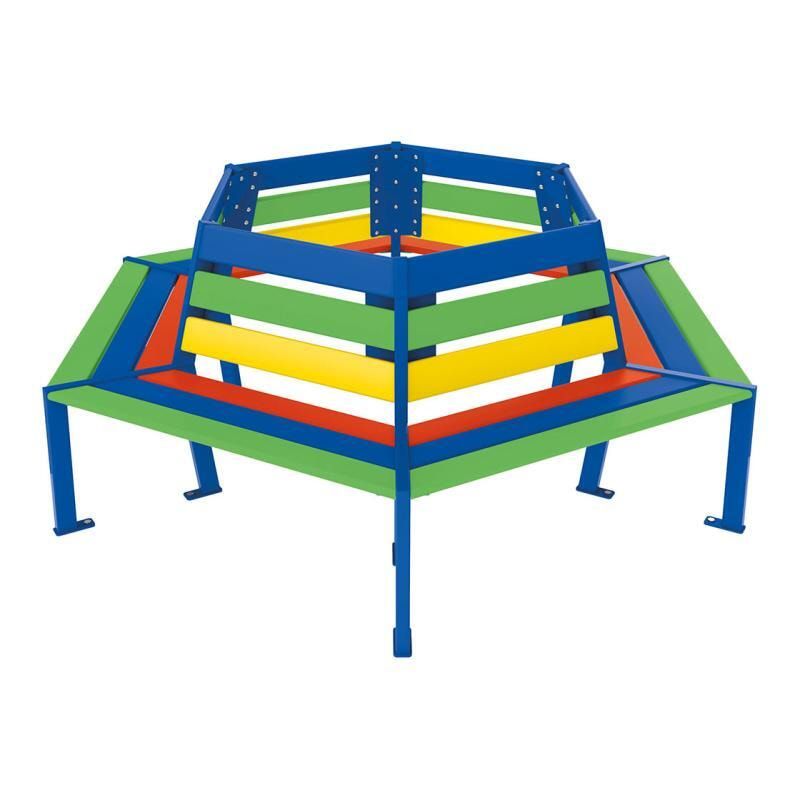 Baum-Rundbank, achteckig, mehrfarbig, Tropenholz, Stahlrohr enzianblau, Sitzhöhe 270 mm, Außendurchmesser 2.000 mm, Innendurchmesser 1.240 mm