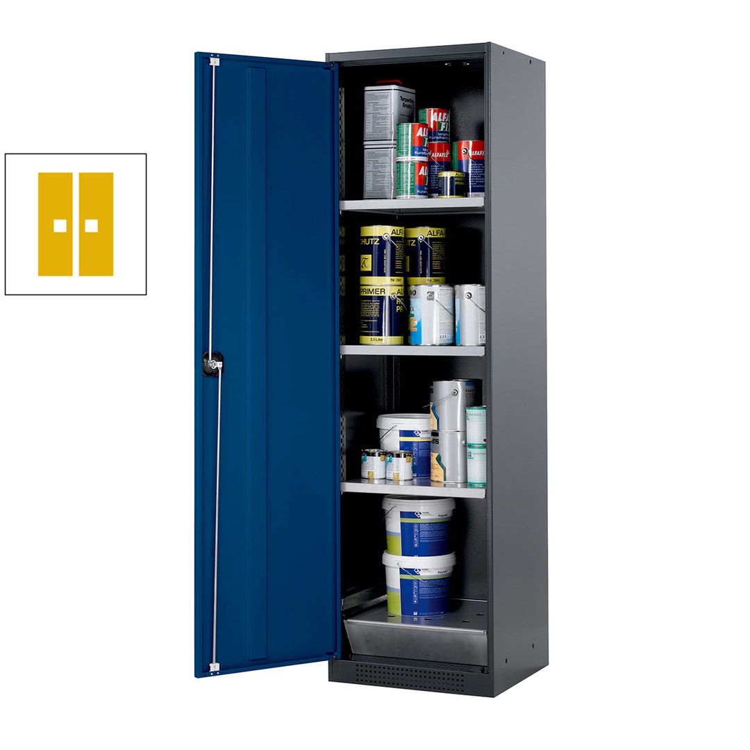 Chemikalienschrank - Flügeltür, enzianblau - Türanschlag links - 3 Fachböden - Gitterrost - 1.950 x 545 x 520 mm (HxBxT)