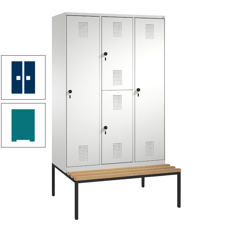 Garderobenschrank, Spind ein- und doppelstöckig Sitzbank, 3 Abteile, 4 Fächer, 2.090x1.200x500 mm (HxBxT), Front anthrazitgrau, Korpus anthrazitgrau