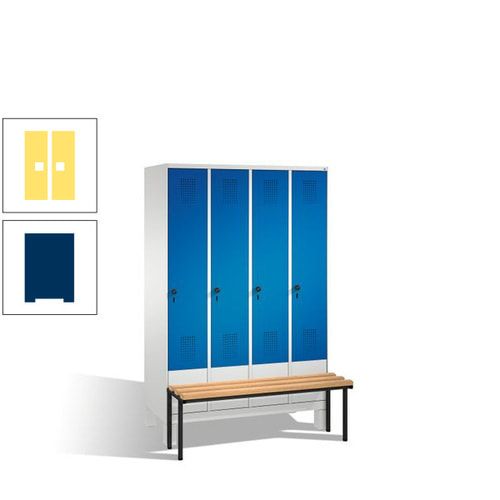Stahl-Garderobenschrank, Spind, Buche Sitzbank vorgebaut, 4 Abteile a 300 mm, Korpus Lichtgrün, Tür Schwefelgelb, 1.850 x 1.200 x 815 mm (HxBxT)