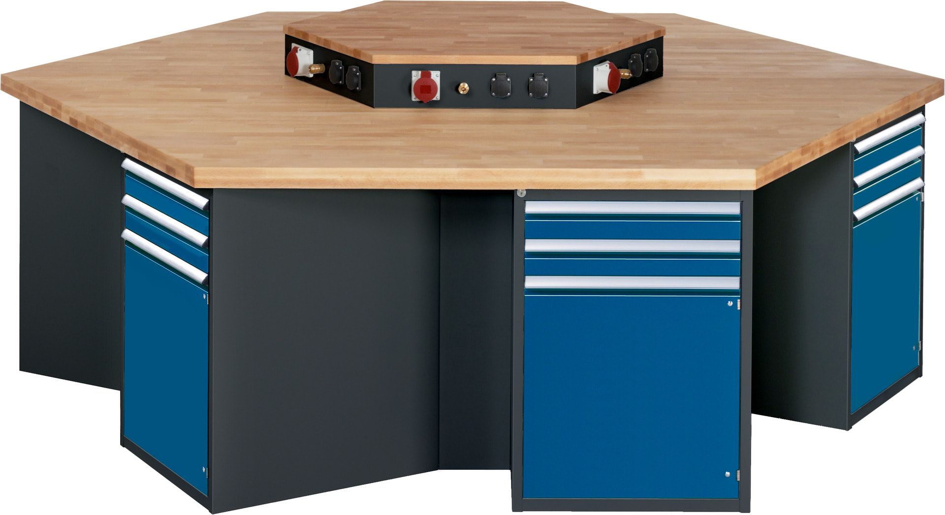 Gruppenwerkbank, Buche, Höhe 840 mm, mit Energieaufsatz, Unterbau-Container, 2 Schubladen, 1 Tür, 1 Boden - Anthrazitgrau