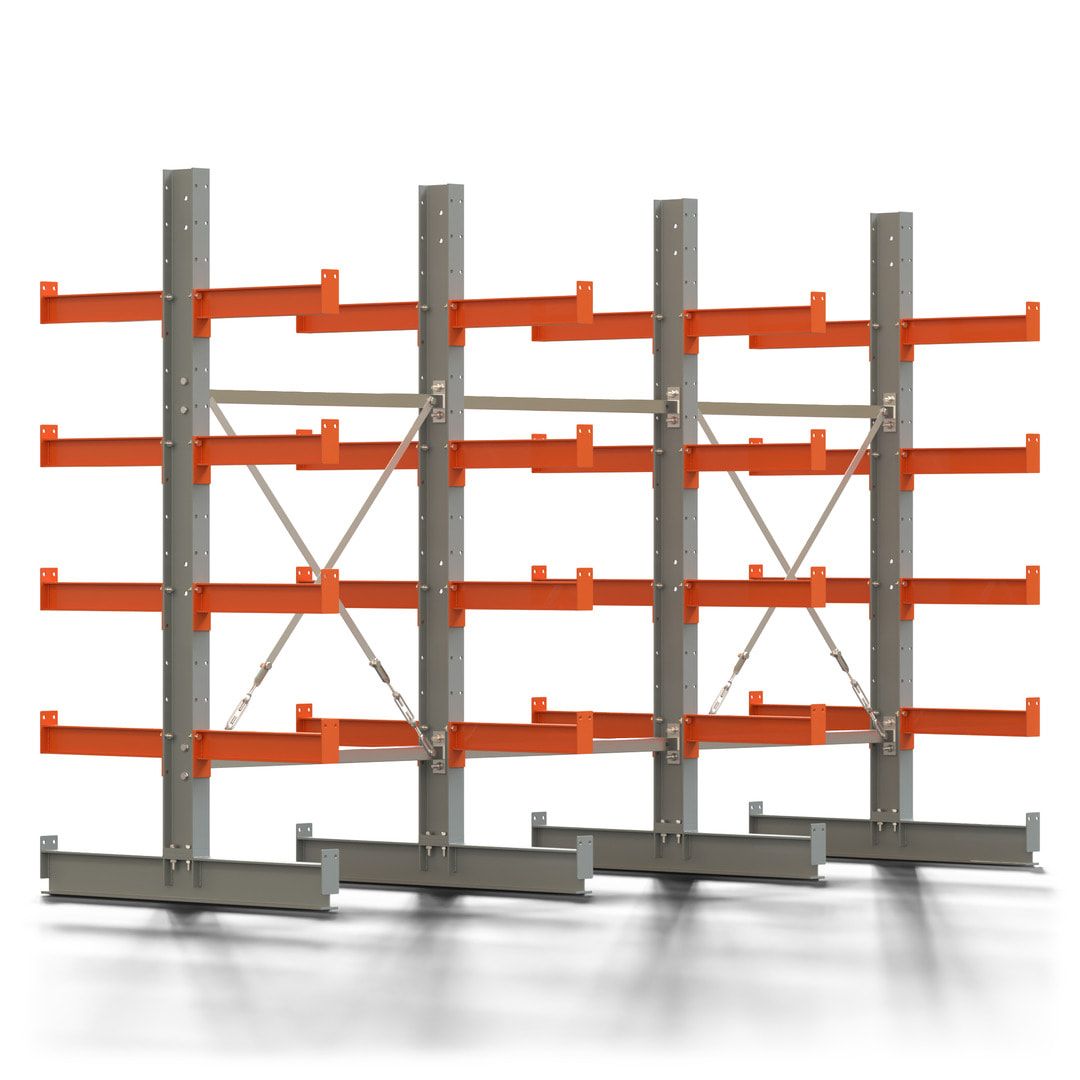 Doppelseitiges Kragarmregal, 2 Felder, 2.000 x 2.000 x 1.120 mm (HxBxT), Nutztiefe 500 mm, Kragarmlast 870 kg, KARL basic, silbergrau/reinorange