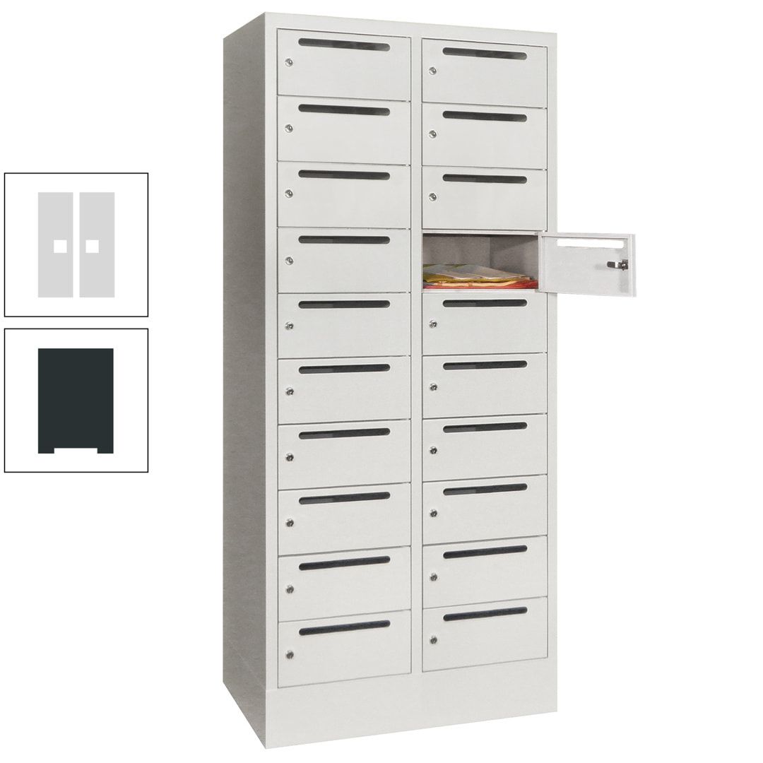Postverteilerschrank, Schließfachschrank, 2 Abteile a 400 mm, 20 Fächer, 1.850 x 800 x 500 mm (HxBxT), Korpus anthrazitgrau, Front anthrazitgrau
