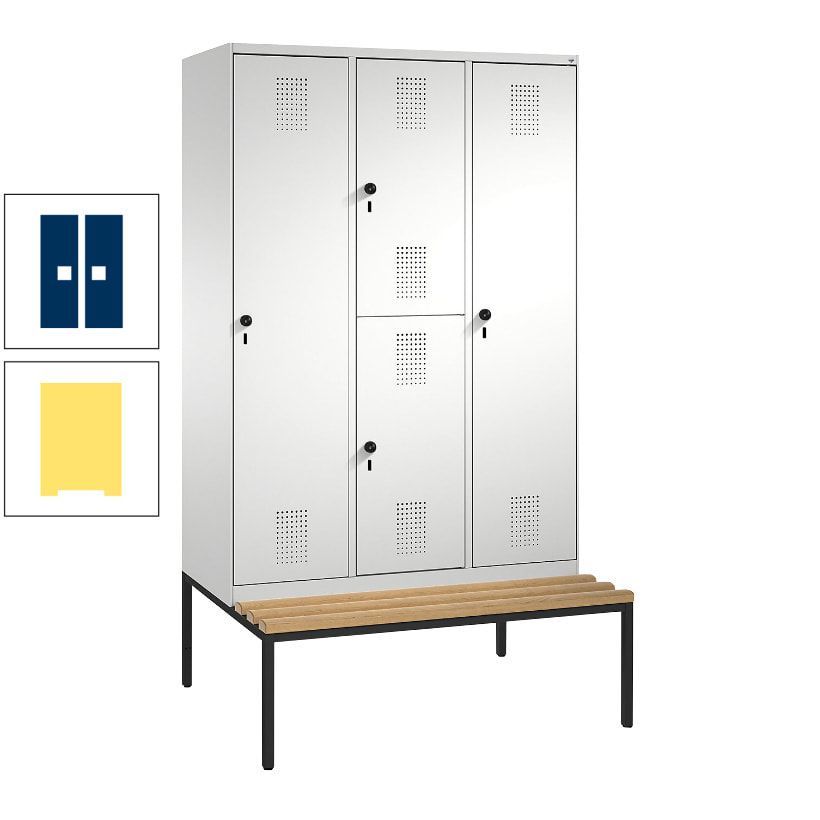 Garderobenschrank, Spind ein- und doppelstöckig Sitzbank, 3 Abteile, 4 Fächer, 2.090x1.200x500 mm (HxBxT), Front anthrazitgrau, Korpus anthrazitgrau