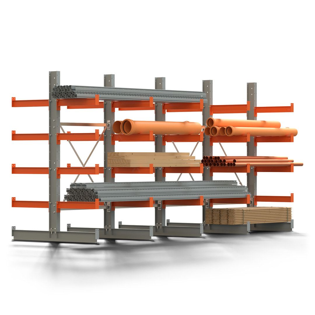 Doppelseitiges Kragarmregal, 2 Felder, 2.000 x 2.000 x 1.120 mm (HxBxT), Nutztiefe 500 mm, Kragarmlast 870 kg, KARL basic, silbergrau/reinorange