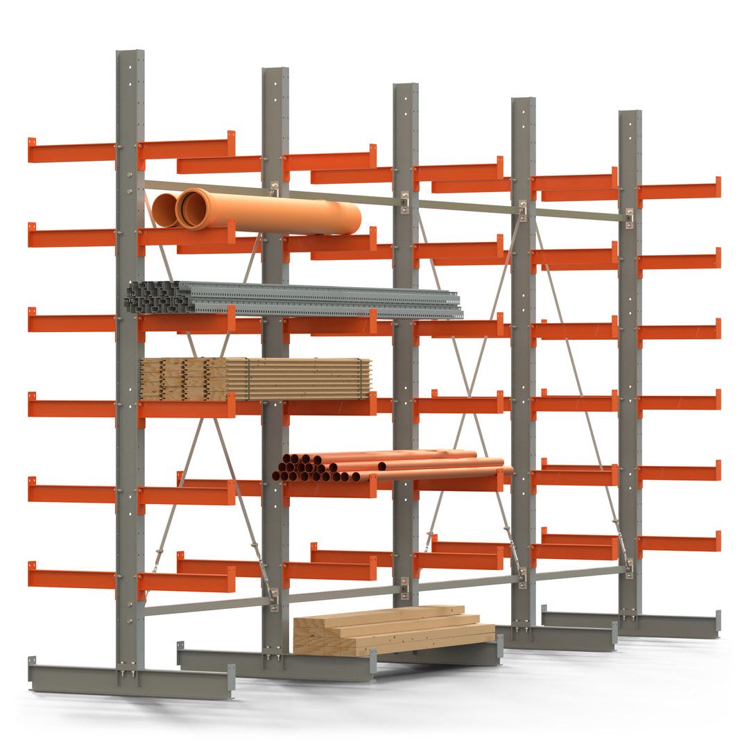 Doppelseitiges Kragarmregal, 2 Felder, 3.000 x 2.560 x 1.120 mm (HxBxT), Nutztiefe 500 mm, Kragarmlast 870 kg, KARL basic, silbergrau/reinorange